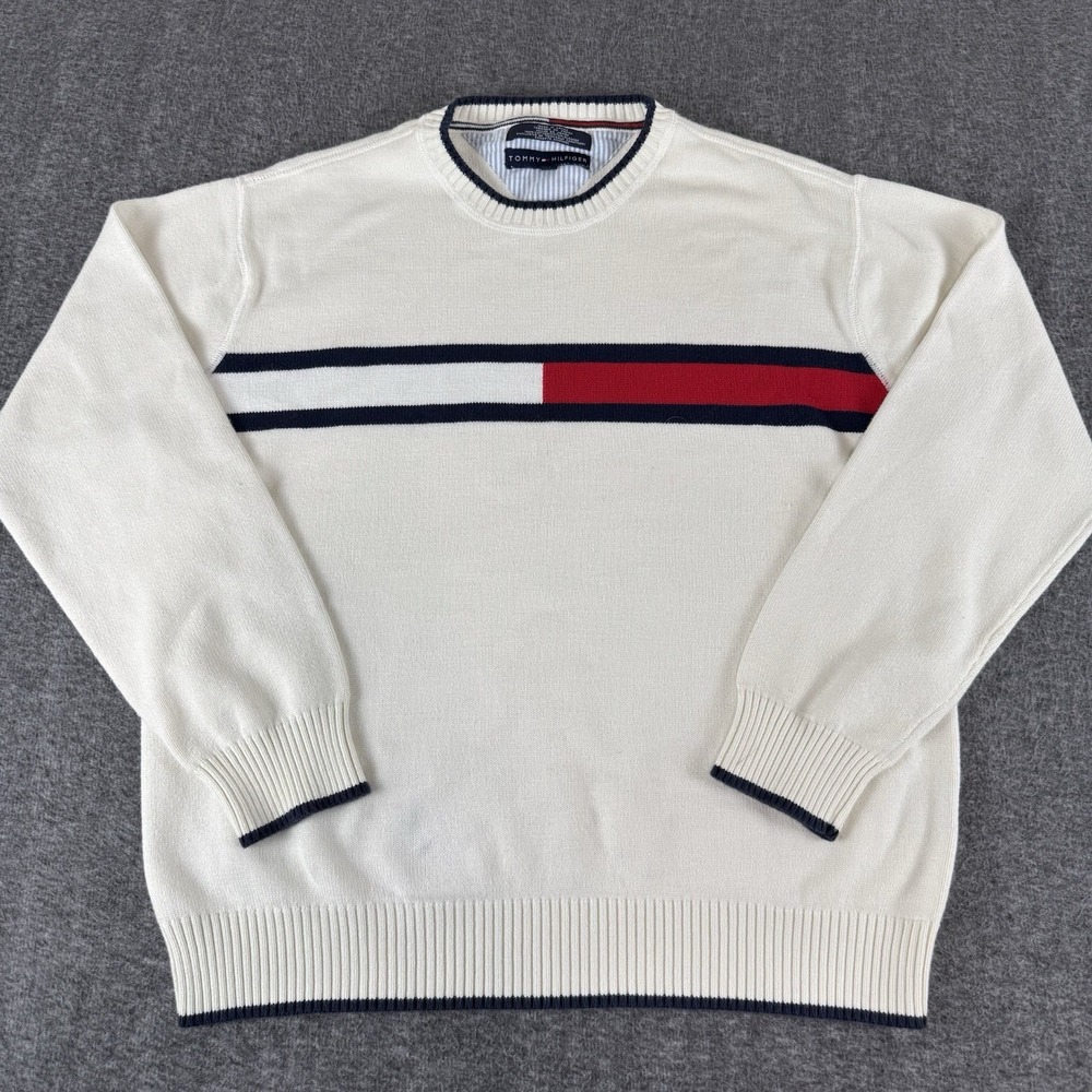 Tommy Hilfiger Sweater Mens L Cream Flag Stripe Cotton Crewneck